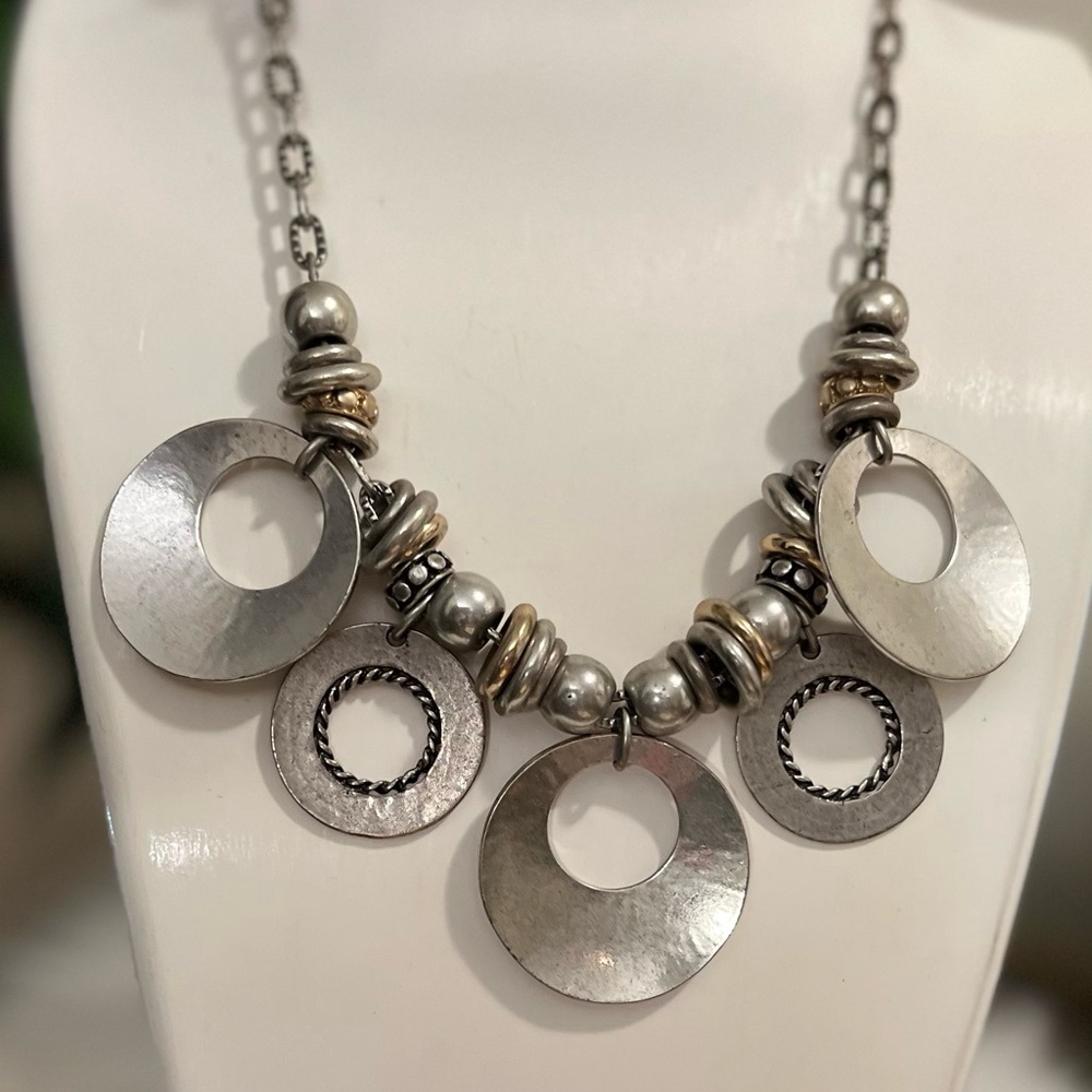 Silver Disk Pendant Statement Necklace - image 5